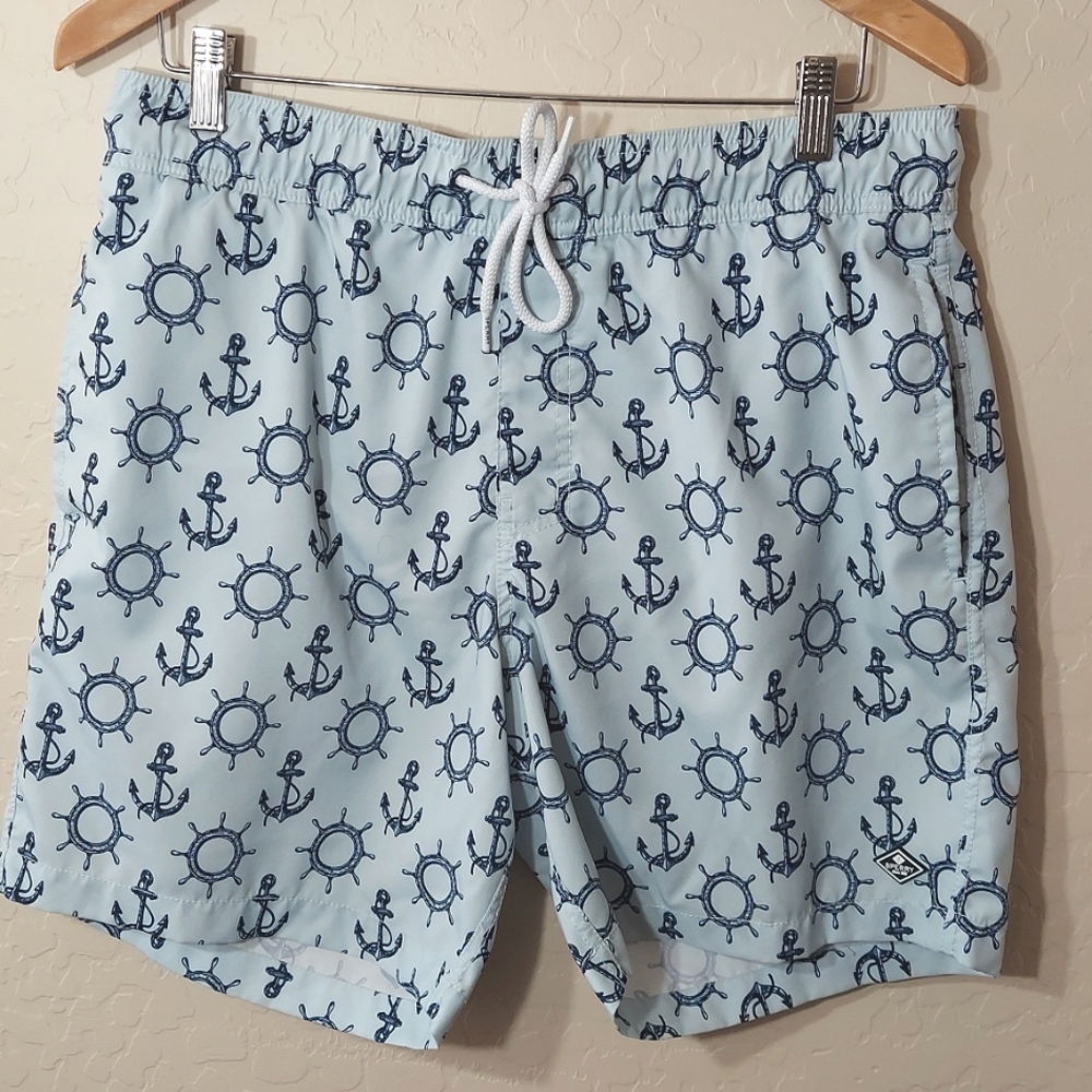 Sperry Swim Trunks Large Light Blue Anchor And Wheel Print